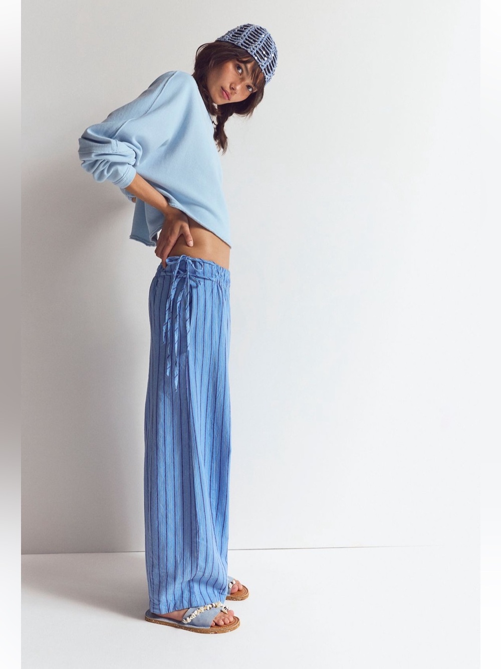 NWT Free People Sun Dazed Linen Striped Pants blue
